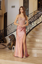 N G1792 - Satin Fit & Flare Prom Gown with Embroidered Bodice Leg Slit & Open Lace Up Back Prom Gown Nox 00 Rose gold