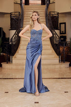 N G1792 - Satin Fit & Flare Prom Gown with Embroidered Bodice Leg Slit & Open Lace Up Back Prom Gown Nox 00 Slate Blue