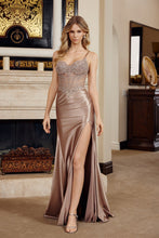 N G1794 - Stretch Satin Fit & Flare Prom Gown with Sheer Bead Embellished Corset Bodice Leg Slit & Open Corset Back - Diggz Formals