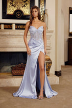 N H1876 - Strapless Stretch Satin Fit & Flare Prom Gown with Sequined Embroidered Bodice & Leg Slit Prom Gown Nox 00 Periwinkle