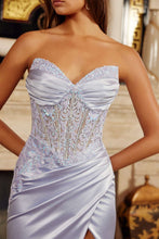 N H1876 - Strapless Stretch Satin Fit & Flare Prom Gown with Sequined Embroidered Bodice & Leg Slit Prom Gown Nox