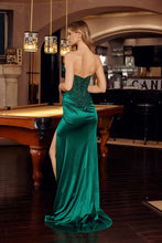 N H1876 - Strapless Stretch Satin Fit & Flare Prom Gown with Sequined Embroidered Bodice & Leg Slit Prom Gown Nox