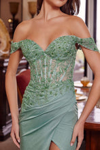 N H1879 - Off the Shoulder Glitter Satin Fit & Flare Prom Gown with Beaded Embroidered Sheer Boned Bodice Leg Slit & Open Lace Up Back PROM GOWN Nox