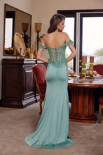 N H1879 - Off the Shoulder Glitter Satin Fit & Flare Prom Gown with Beaded Embroidered Sheer Boned Bodice Leg Slit & Open Lace Up Back PROM GOWN Nox