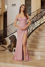 N H1879 - Off the Shoulder Glitter Satin Fit & Flare Prom Gown with Beaded Embroidered Sheer Boned Bodice Leg Slit & Open Lace Up Back PROM GOWN Nox 00 Rose gold