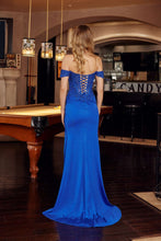 N H1879 - Off the Shoulder Glitter Satin Fit & Flare Prom Gown with Beaded Embroidered Sheer Boned Bodice Leg Slit & Open Lace Up Back PROM GOWN Nox