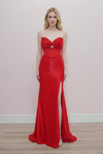 N K1732 - Strapless Stretch Satin Fit & Flare Prom Gown with Sequin Boned Bodice & Leg Slit & Open Lace Up Back PROM GOWN Nox 10 Red