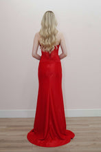 N K1732 - Strapless Stretch Satin Fit & Flare Prom Gown with Sequin Boned Bodice & Leg Slit & Open Lace Up Back