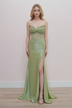 N K1732 - Strapless Stretch Satin Fit & Flare Prom Gown with Sequin Boned Bodice & Leg Slit & Open Lace Up Back PROM GOWN Nox 0 Sage green