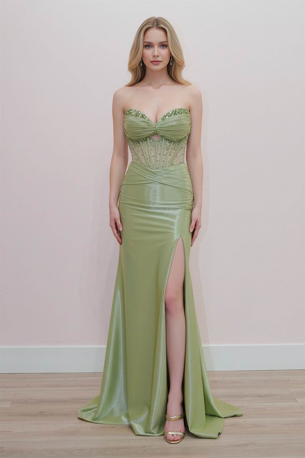 N K1732 - Strapless Stretch Satin Fit & Flare Prom Gown with Sequin Boned Bodice & Leg Slit & Open Lace Up Back PROM GOWN Nox 0 Sage green