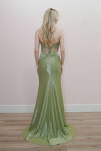 N K1732 - Strapless Stretch Satin Fit & Flare Prom Gown with Sequin Boned Bodice & Leg Slit & Open Lace Up Back