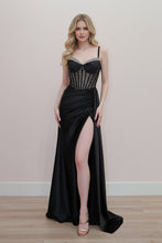 N K1733 - Stretch Satin Fit & Flare Prom Gown with Adorned Silver Gemstones Sheer Boned Bodice & Leg Slit PROM GOWN Nox 0 Black
