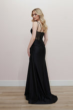 N K1733 - Stretch Satin Fit & Flare Prom Gown with Adorned Silver Gemstones Sheer Boned Bodice & Leg Slit PROM GOWN Nox