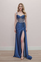 N E1902 - Strapless Stretch Satin Fit & Flare with Sequined Beaded Sheer Boned Bodice & Leg Slit