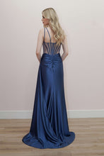 N K1733 - Stretch Satin Fit & Flare Prom Gown with Adorned Silver Gemstones Sheer Boned Bodice & Leg Slit
