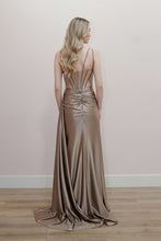 N E1902 - Strapless Stretch Satin Fit & Flare with Sequined Beaded Sheer Boned Bodice & Leg Slit