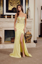 N K1736 - Strapless Glitter Satin Fit & Flare Prom Gown with Sweetheart Bead Embellished Neckline & Sheer Boned Bodice & Leg Slit & Open Lace Up Back PROM GOWN Nox 00 Lemon