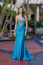 N L1769 - Glitter Satin Fit & Flare Prom Gown V Neckline with Crystal Accented Sheer Boned Bodice & Open Lace Up Back PROM GOWN Nox 00 Teal