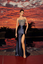 N L1771 - Satin Strapless Fit & Flare Prom Gown Scoop Neckline with Crystal Accented Sheer Bodice with Pleaded Cross Waistline & Leg Slit PROM GOWN Nox 00 Navy blue