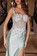 N M1755 - Satin Fit & Flare Prom Gown Square Neckline with Flower Embroidered Sheer Boned Bodice & Leg Slit & Open Lace Up Back