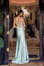 N M1755 - Satin Fit & Flare Prom Gown Square Neckline with Flower Embroidered Sheer Boned Bodice & Leg Slit & Open Lace Up Back