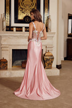N M1755 - Satin Fit & Flare Prom Gown Square Neckline with Flower Embroidered Sheer Boned Bodice & Leg Slit & Open Lace Up Back