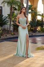 N R1811 - Strapless Satin Fit & Flare Prom Gown with Sweetheart Neckline & Beaded Embellished Sheer Boned Bodice & Leg Slit & Open Lace Up Back PROM GOWN Nox 00 Sage green