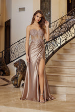 N R1811 - Strapless Satin Fit & Flare Prom Gown with Sweetheart Neckline & Beaded Embellished Sheer Boned Bodice & Leg Slit & Open Lace Up Back PROM GOWN Nox 00 Mocha Gold