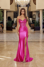N R1812 - Satin Strapless Fit & Flare Prom Gown with Sheer Beaded Boned Bodice & Beaded V Neckline & Leg Slit PROM GOWN Nox 00 Fuchsia