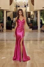 N R1813 - Satin Fit & Flare V Neckline Prom Gown with Boned Bodice Sheer & Open Lace Up Back & Leg Slit PROM GOWN Nox 00 Fuchsia