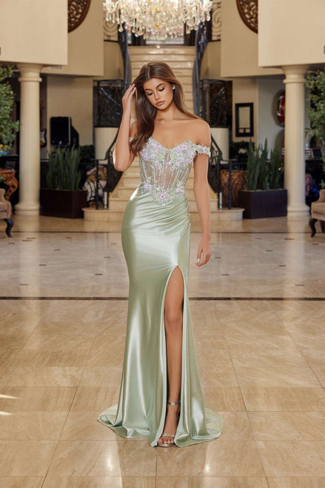 N R1814 - Satin Off the Shoulder Fit & Flare Prom Gown with Sheer Boned Sequin Embroidered Bodice & Leg Slit PROM GOWN Nox 00 Sage green