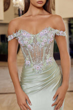 N R1814 - Satin Off the Shoulder Fit & Flare Prom Gown with Sheer Boned Sequin Embroidered Bodice & Leg Slit PROM GOWN Nox