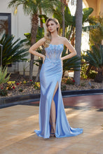 N R1816 - Strapless Fit & Flare Prom Gown with Sheer Embellished Corset Bodice & Leg Slit PROM GOWN Nox 00 Powder Blue