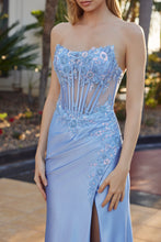 N R1816 - Strapless Fit & Flare Prom Gown with Sheer Embellished Corset Bodice & Leg Slit PROM GOWN Nox