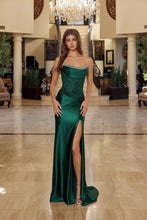 N R1818 - Strapless Stretch Satin Fit & Flare Prom Gown with Sheer Beaded Lace Embellished Cowl Neck Bodice & Leg Slit Prom Gown Nox 00 Emerald