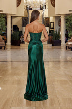 N R1818 - Strapless Stretch Satin Fit & Flare Prom Gown with Sheer Beaded Lace Embellished Cowl Neck Bodice & Leg Slit Prom Gown Nox