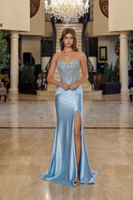 N R1820 - Strapless Fit & Flare Prom Gown with Sheer Boned Bead Applique Bodice & Leg Slit Prom Gown Nox 00 light blue
