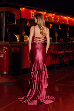 N S1720 - Stretch Satin Fit & Flare Prom Gown with Sheer Beaded Bodice Lace Up Back & Multi Layered Ruffle Skirt Prom Gown Nox