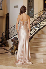 N S1721 - Satin Fit & Flare Prom Gown with Sequin Embellished Sheer Boned Bodice Leg Slit & Lace Up Back PROM GOWN Nox