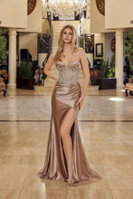 N T1854 - Stretch Satin Fit & Flare Prom Gown with Sheer Bead Embellished Bodice Leg Slit & Lace Up Back Prom Gown Nox 00 Mocha Gold