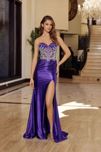 N T1854 - Stretch Satin Fit & Flare Prom Gown with Sheer Bead Embellished Bodice Leg Slit & Lace Up Back Prom Gown Nox 00 Purple