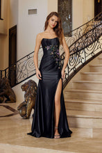 N T1855 - Strapless Satin Fit & Flare Prom Gown with Sequin Embroidered Boned Bodice & Leg Slit PROM GOWN Nox 00 Black