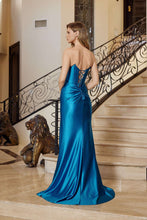 N T1861 - Strapless Satin Fit & Flare Prom Gown with Hot Stone Boned Bodice Leg Slit & Lace Up Back PROM GOWN Nox