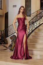 N T1861 - Strapless Satin Fit & Flare Prom Gown with Hot Stone Boned Bodice Leg Slit & Lace Up Back PROM GOWN Nox 00 Wine