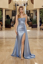 N T1862 - Strapless Stretch Satin Fit & Flare Prom Gown with Sheer Beaded Lace Bodice Side Sash & Lace Up Back PROM GOWN Nox 00 Dusty Blue