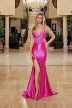 N Y1802 - Satin Fit & Flare Prom Gown with Beaded V Neckline & Boned Sheer Bodice & Leg Slit PROM GOWN Nox 00 Fuchsia