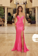 N Y1800 - Stretch Satin Strapless Fit & Flare Prom Gown with Rhinestone Trimmed Boned Bodice & Leg Slit PROM GOWN Nox 00 Hot Pink