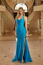 N C1851 - Stretch Jersey Fit & Flare Prom Gown with Halter Neck & Leg Slit PROM GOWN Nox 00 Ocean Blue