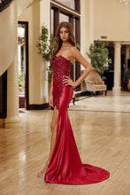 N C1630 - Strapless Fit & Flare Prom Gown with Boned Beaded Appliqued Bodice Lace Up Back & Leg Slit Prom Gown Nox