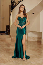N E1527 - Strapless Fit & flare Prom Gown with Sheer Lace Appliqued Bodice & Leg Slit Prom Gown Nox 0 Emerald